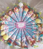 Large sweet cones filled with either rainbow drops or millions and ribbon colour of your choice. Minimum order value of £5.00