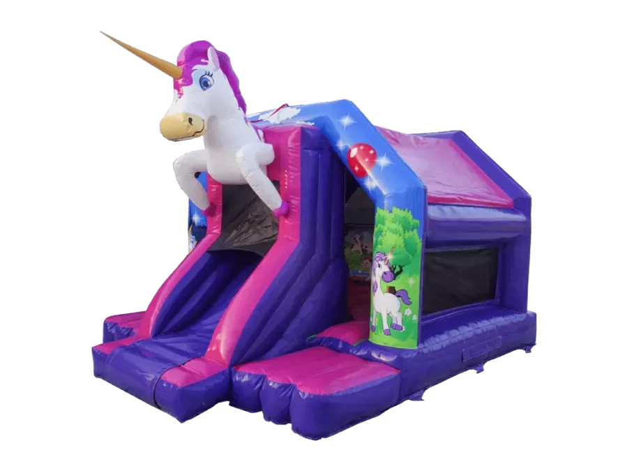 cropped-Unicorn-slide.webp 14ft X 18ft Disco Flamingo Bouncy Castle with lights, music & slide - Image 1